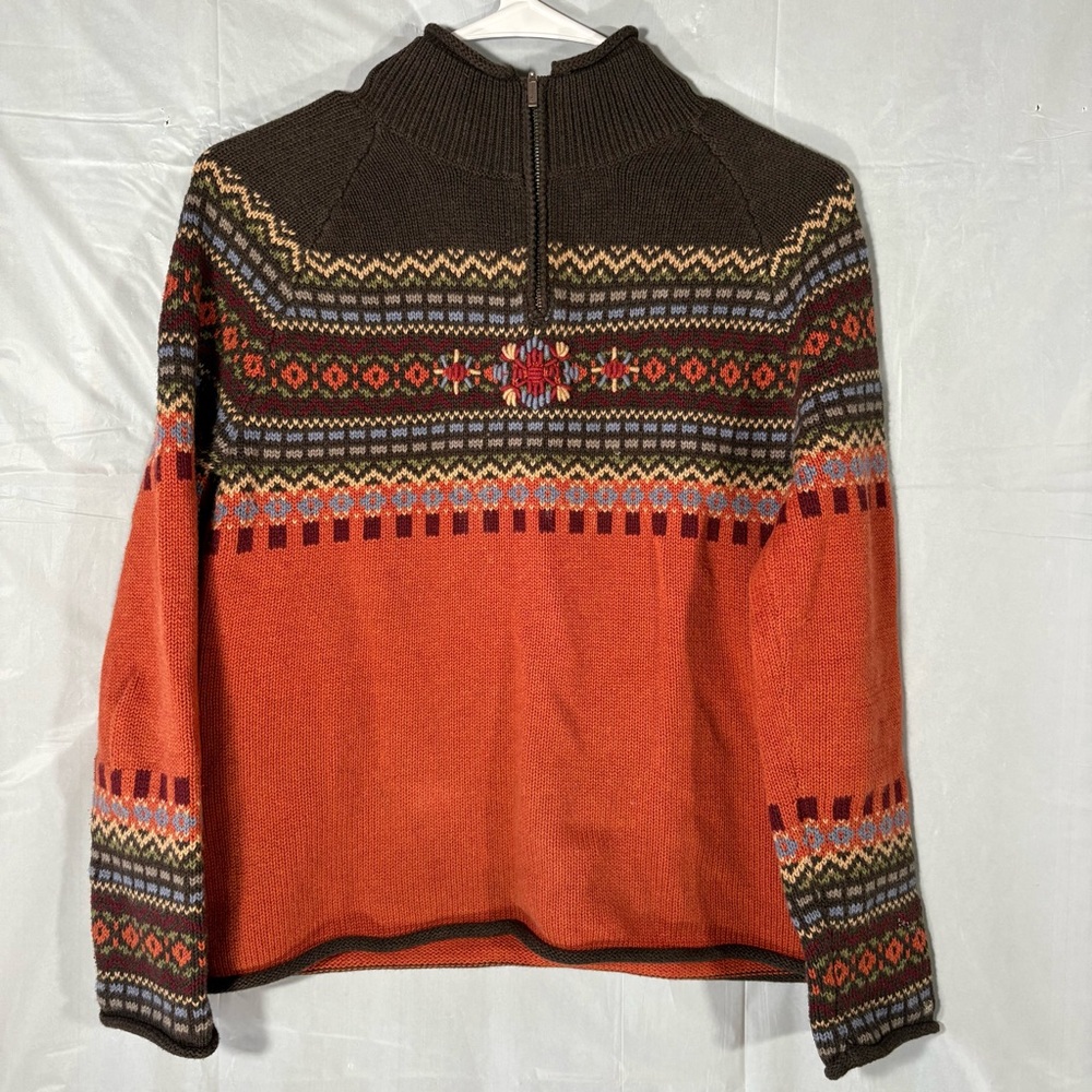 Eddie Bauer Womens Sweater P Sm Orange 1/4 Zip Fair Isle Cabincore Cotton Angora